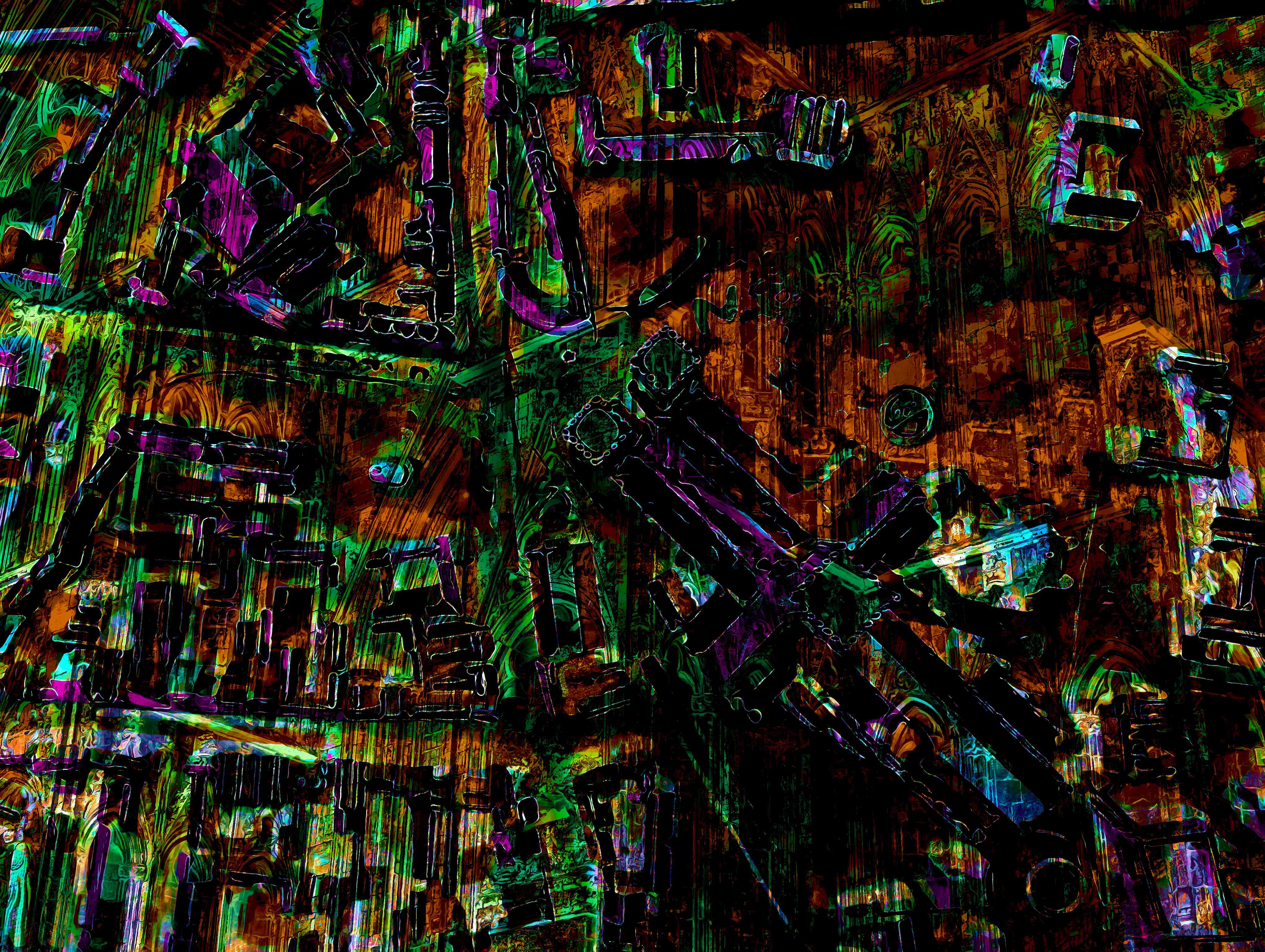 Abstract collage of cathedral stone, scaffolding, and textures glowing in neon greens and magentas