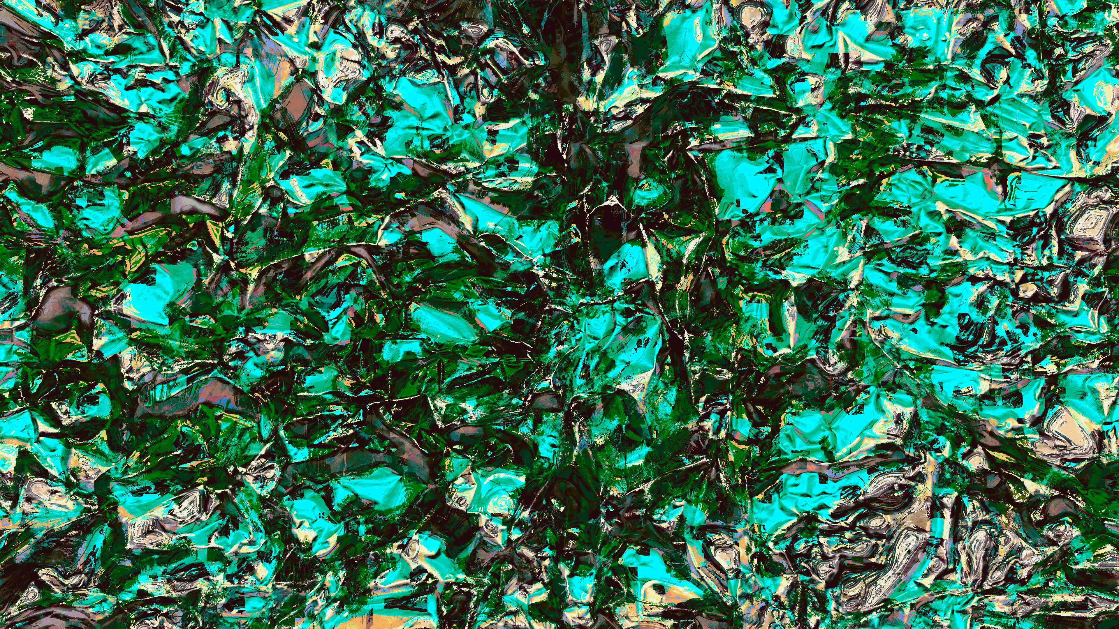 Bacon grease on foil, transformed into rippling lake blues and shadowed green currents.