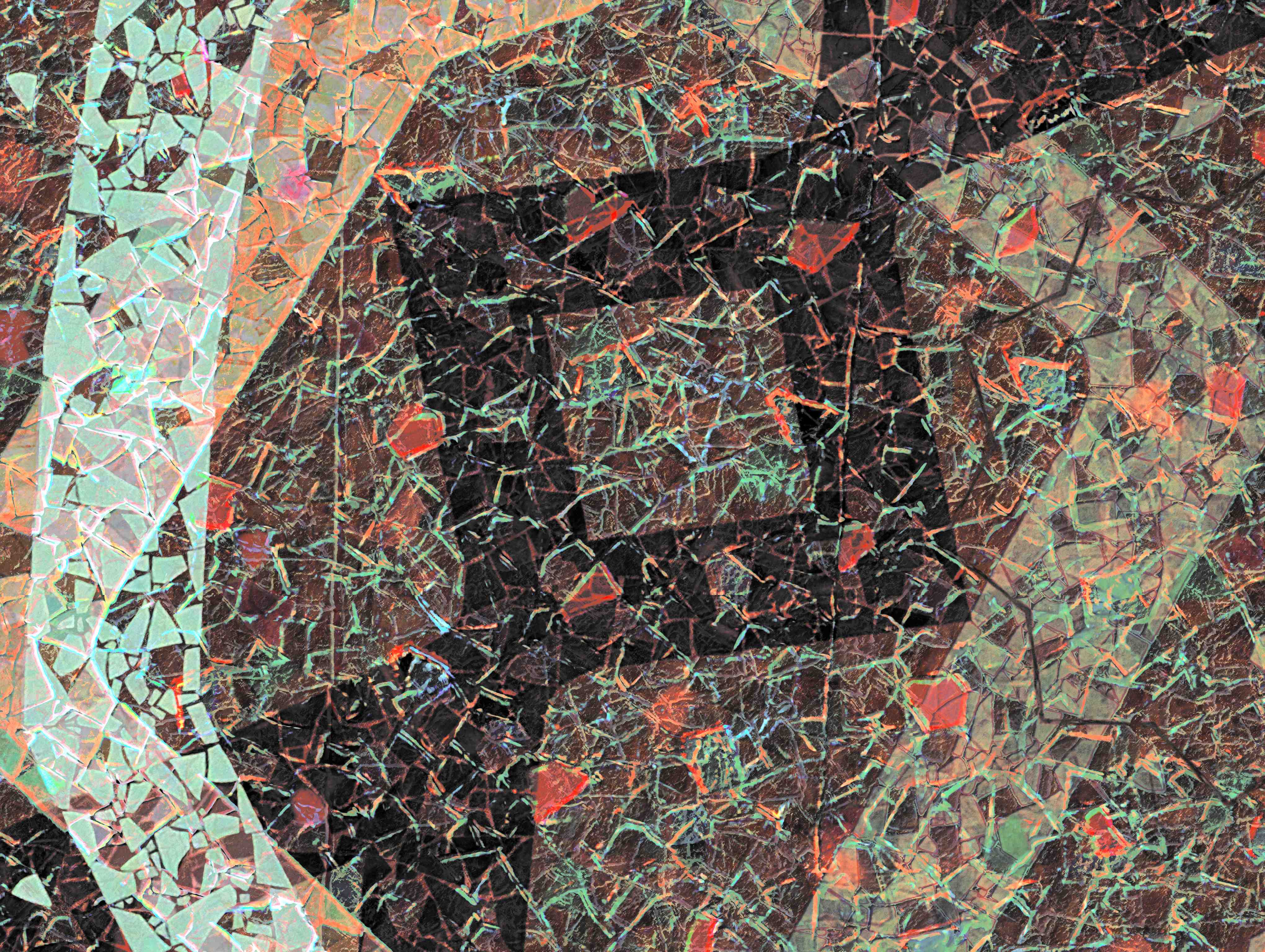 Abstract neon rework of a Peruvian mosaic with terracotta, stone, and fractured geometry