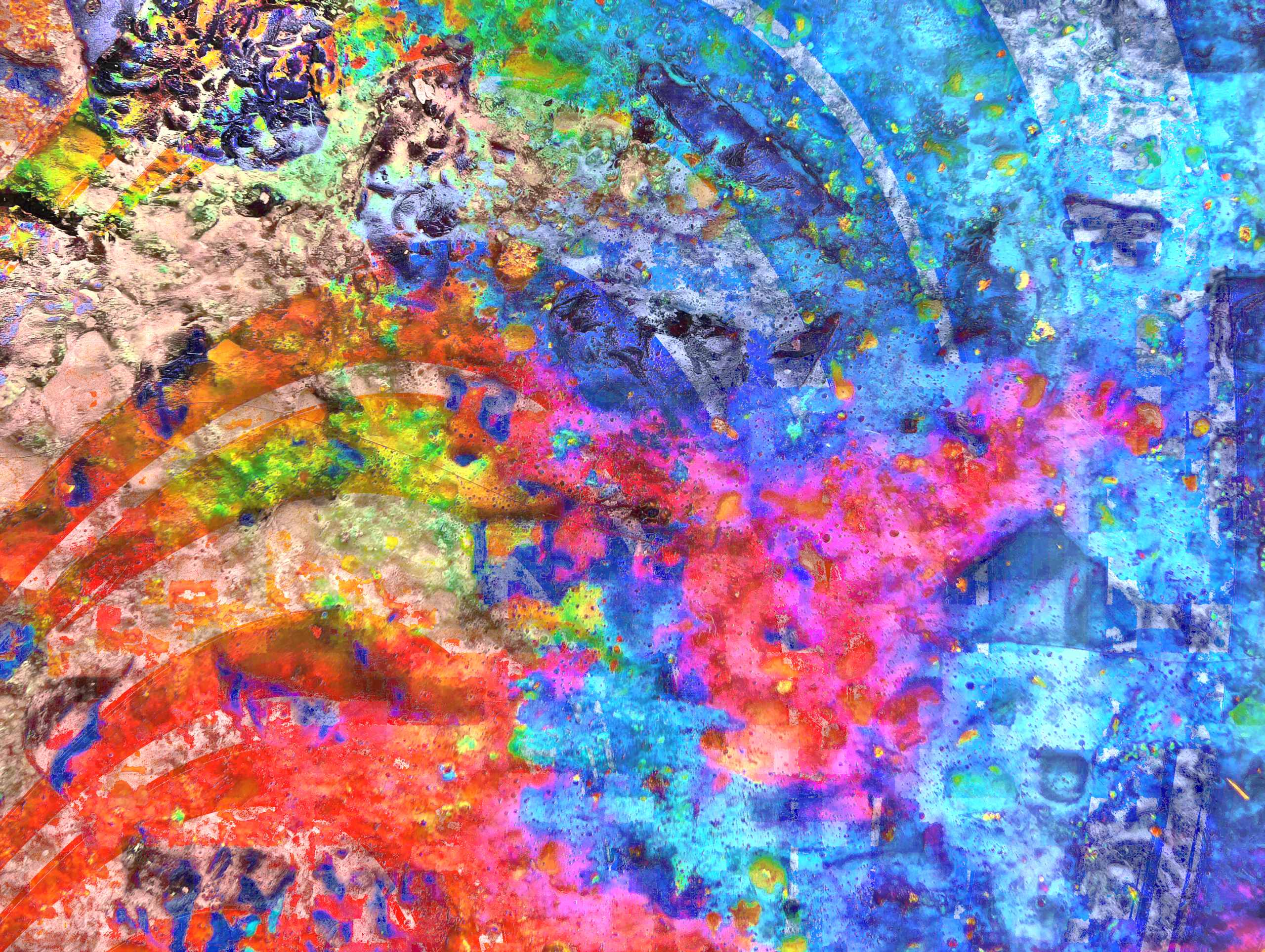 Abstract neon transformation of asphalt, blending street textures with sky-like bursts of color