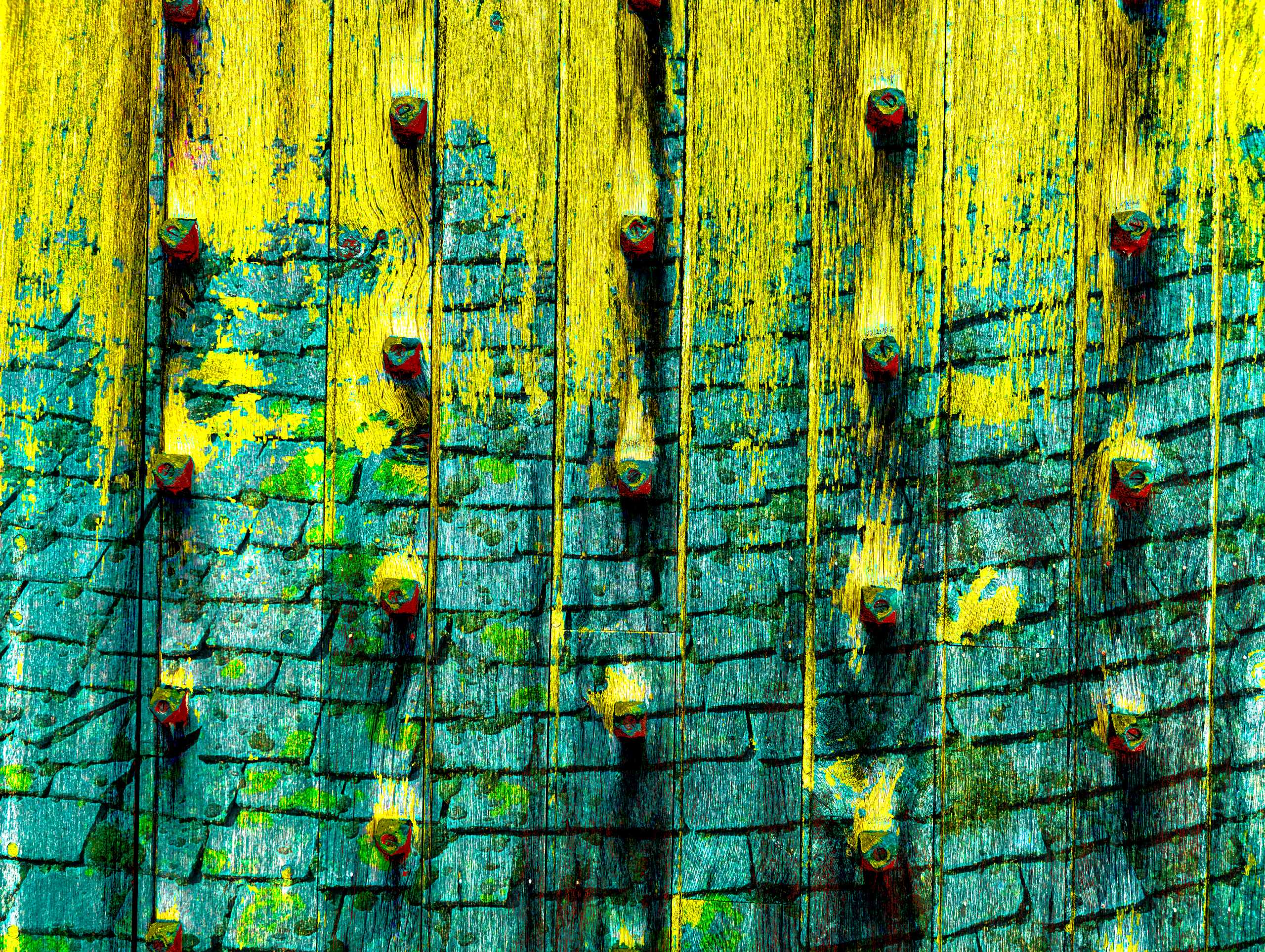 Wooden door bolts and lichen-spotted stone tiles reimagined in vivid yellow and teal tones.