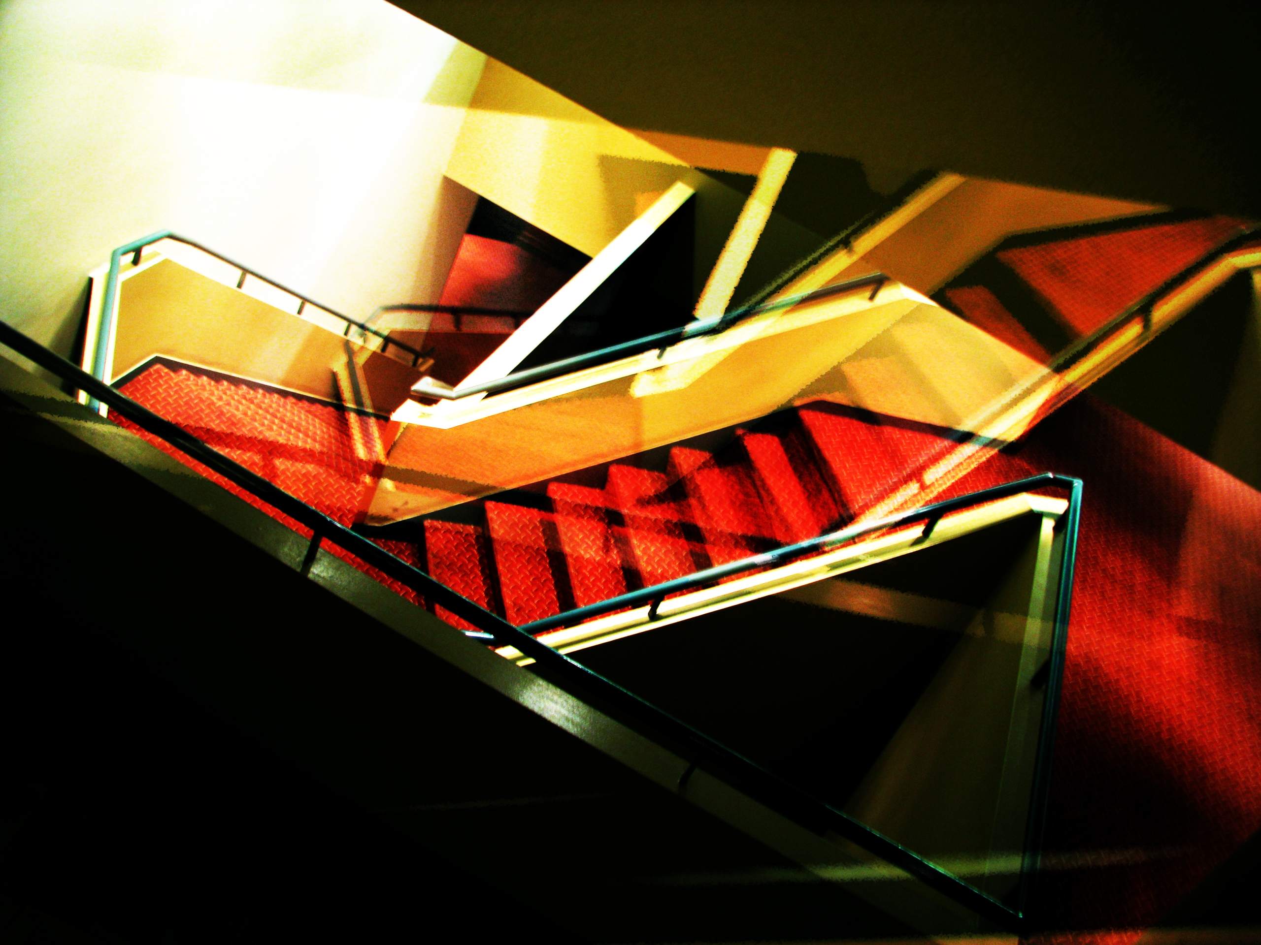 Two stylized photos of a confusing staircase