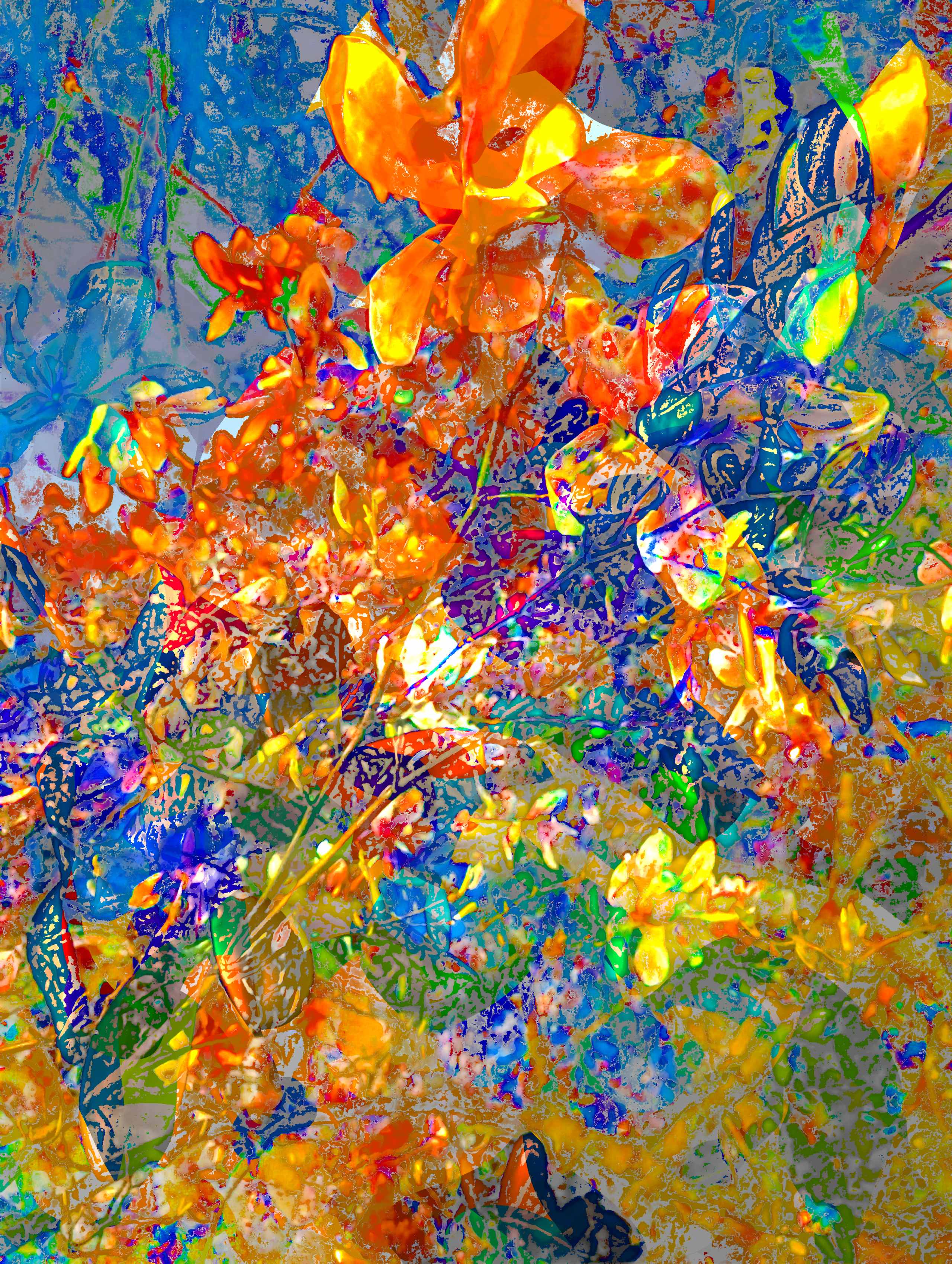 Flowers make their first appearance in a spring garden, patterned and algorithmically re-patterned