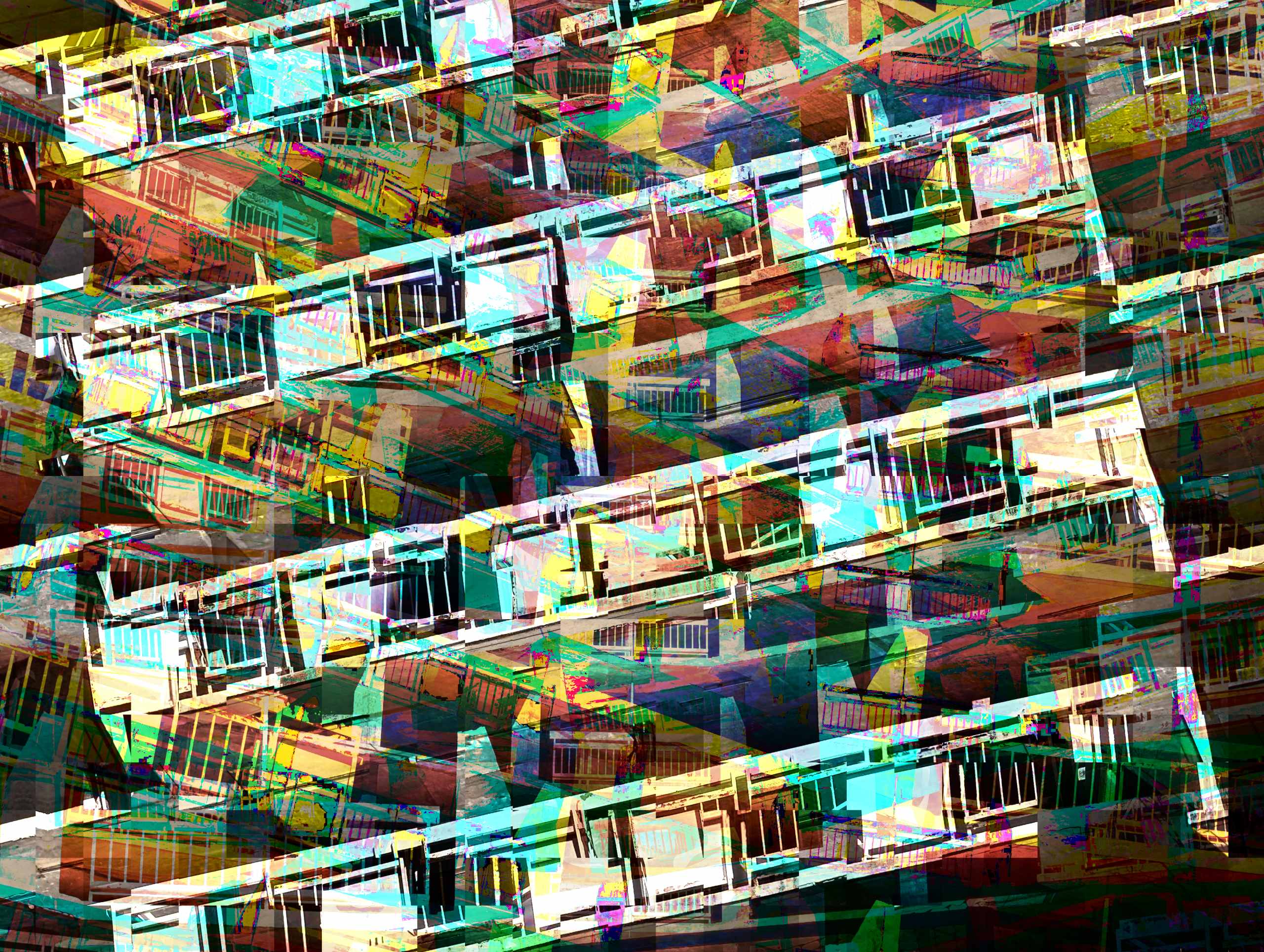 Layered shots turn a disused building’s rigid grid into a chaotic, vibrant mosaic.