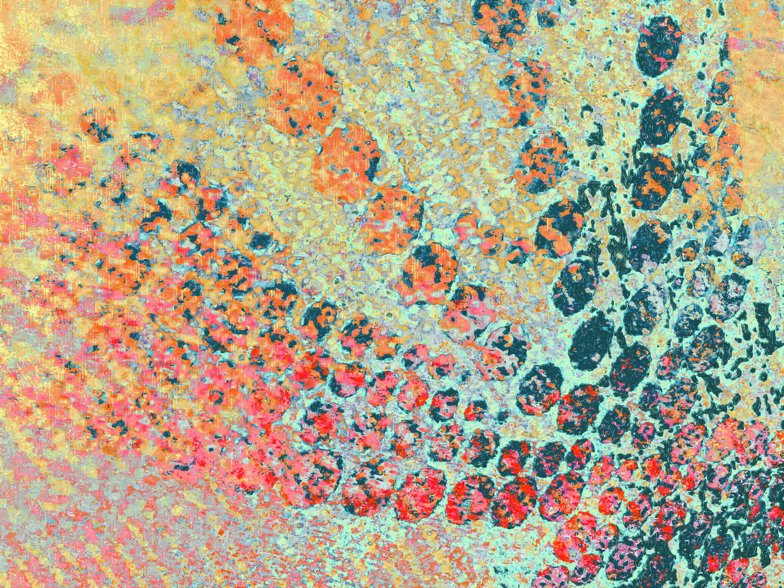 Denim folds and dotted carpet patterns merge, reimagined into a textured field of swirling color.