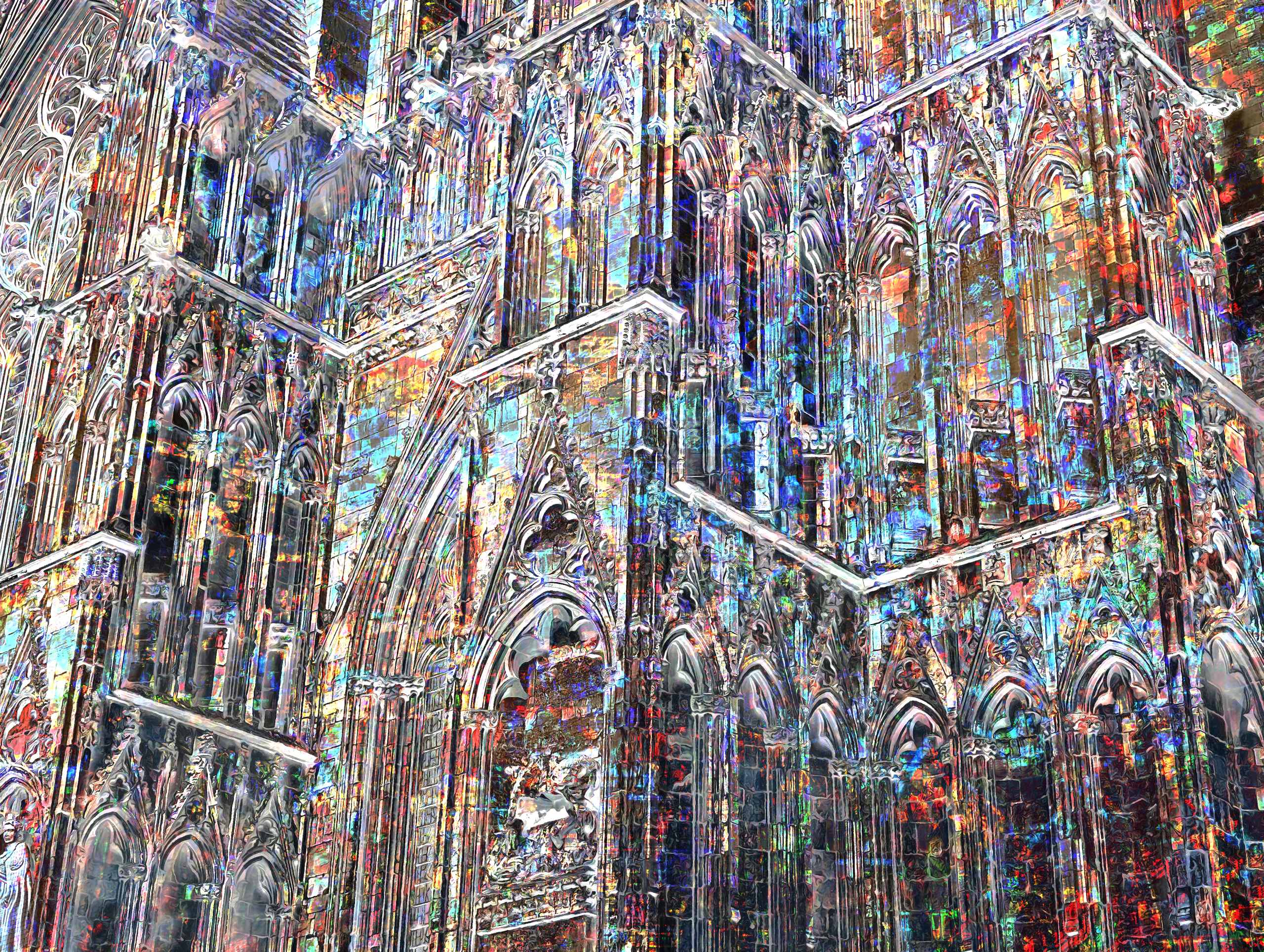 Gothic cathedral facade reimagined with textures from grit, maps, and illuminated stone.