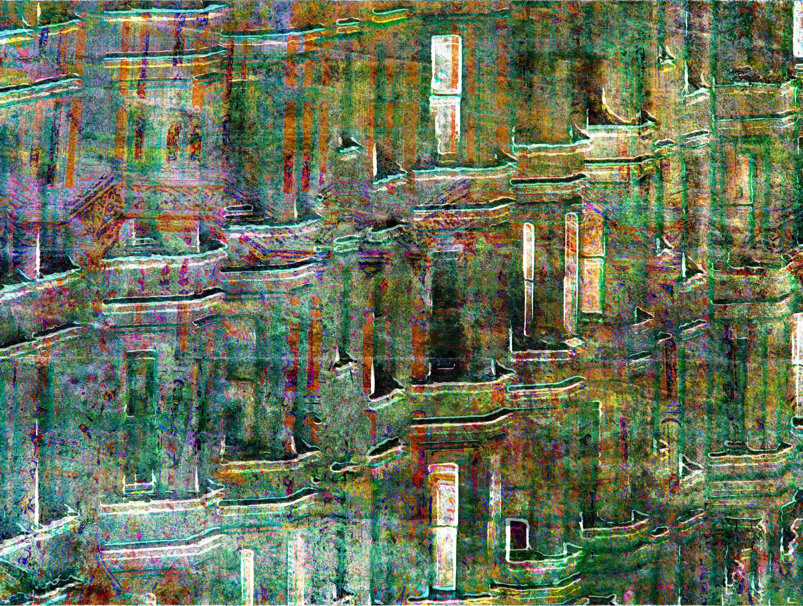 Layered urban facade dissolves into textured color fields, with windows floating in shifting abstraction.