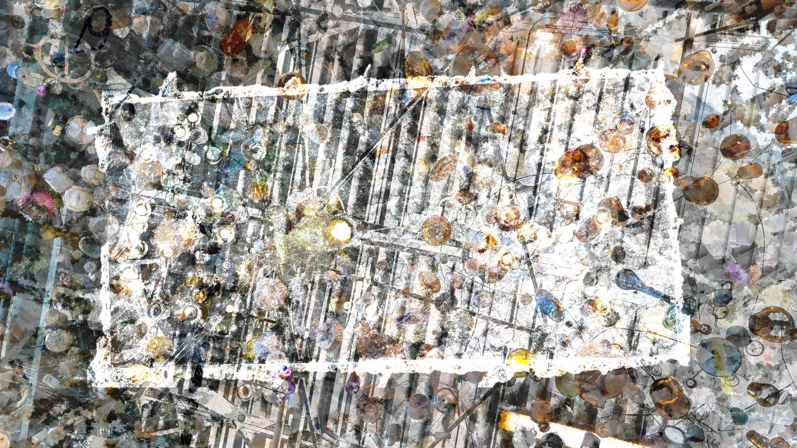 photos of trash suspended in light overlaid with distressed concrete
