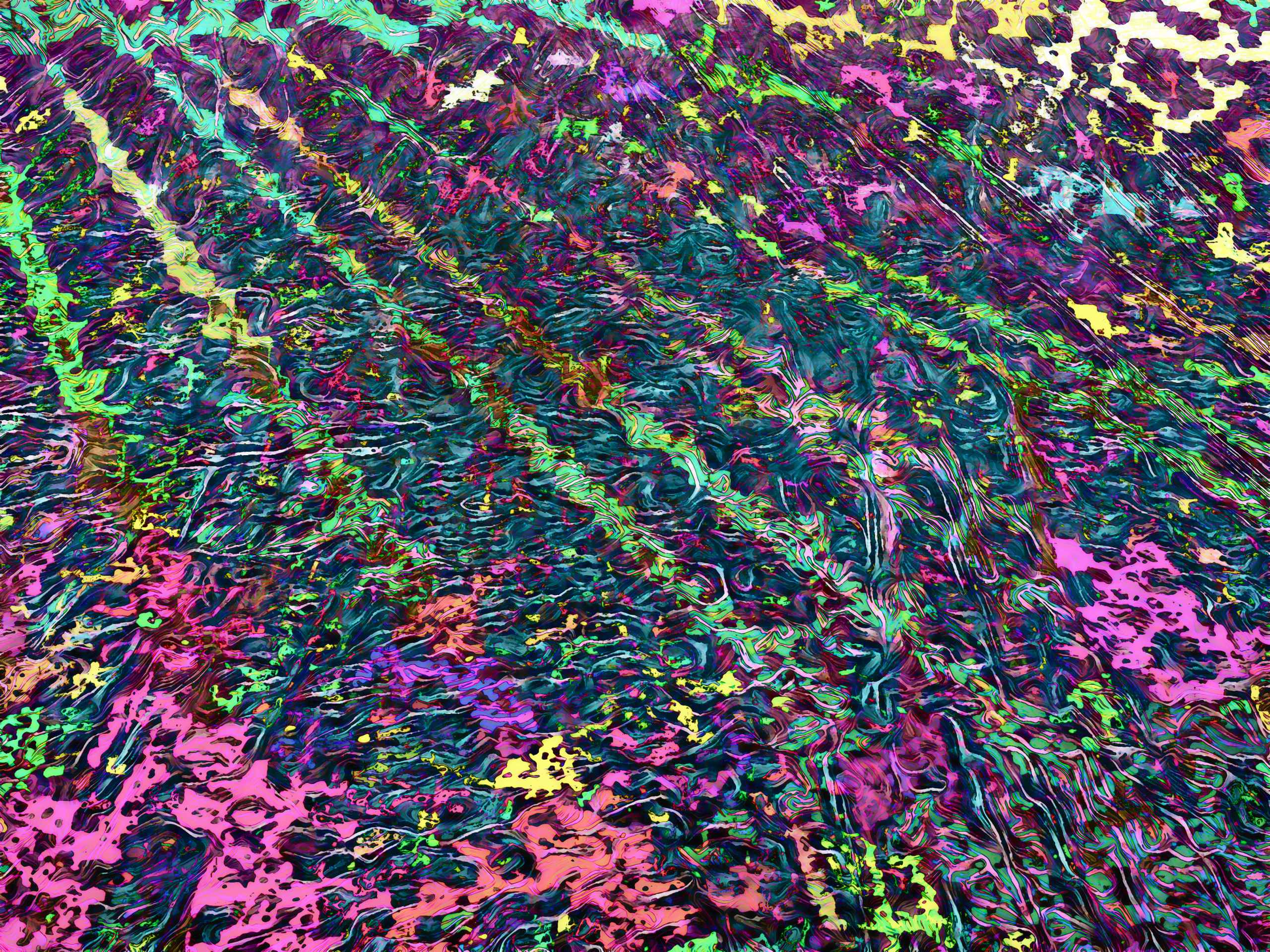Sunlit lines in sand reimagined as a swirling sea of vivid, turbulent color and motion.