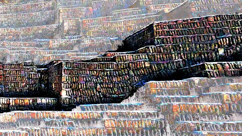 A stylized photo of a mound at Museo Huaca Pucllana in Lima, Peru