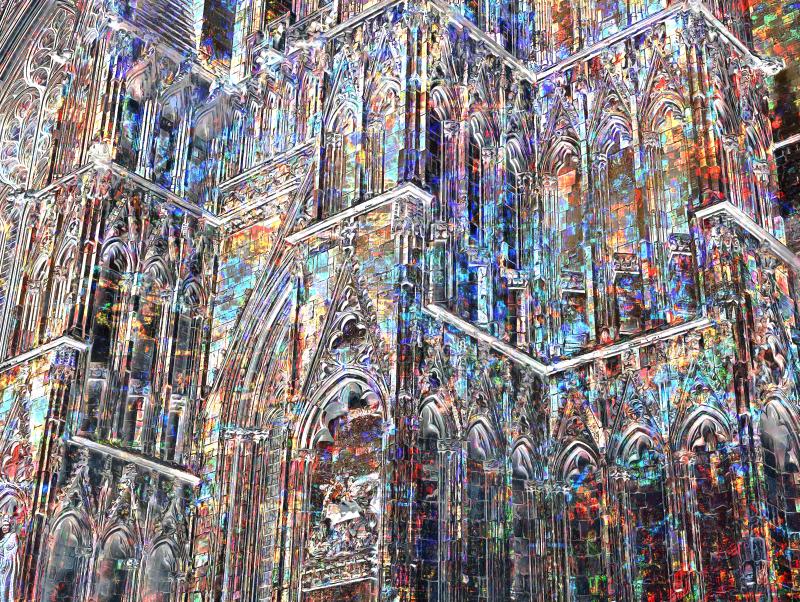 Gothic cathedral facade reimagined with textures from grit, maps, and illuminated stone.