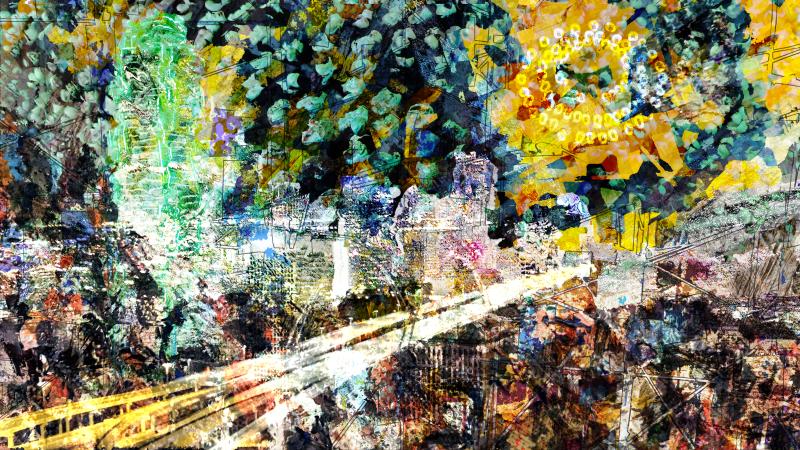 An abstract photographic expressionist piece depicting different visual elements from the city of Dallas, Texas, melded into a composition exploring their connection throughout space and time